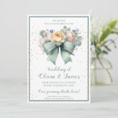 Elegant Green Floral Bow Wedding Einladung (Stehend Vorderseite)