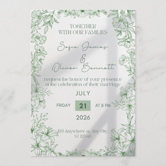 Elegant Green Floral Line Art Wedding Invitation Einladung (Vorderseite)