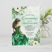 Elegant Green Floral Prinzessin Quinceañera Einladung (Stehend Vorderseite)