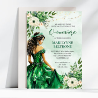 Elegant Green Floral Prinzessin Quinceañera Einladung