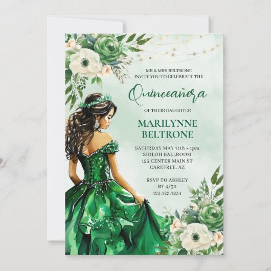 Elegant Green Floral Prinzessin Quinceañera Einladung (Vorderseite)