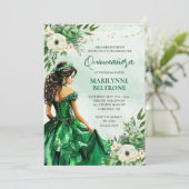 Elegant Green Floral Prinzessin Quinceañera Einladung (Stehend Vorderseite)