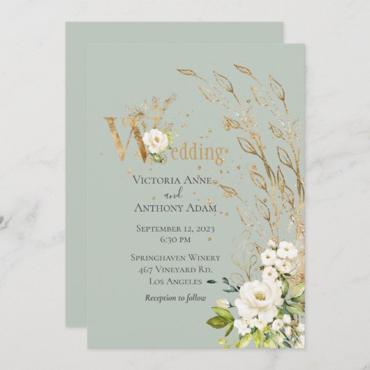 Elegant Green Floral Rustic Script Wedding Einladung (Vorne/Hinten)