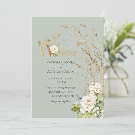 Elegant Green Floral Rustic Script Wedding Einladung (Stehend Vorderseite)