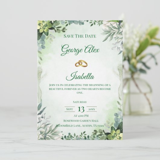 Elegant Green Floral Save the Date Hochzeit (Stehend Vorderseite)
