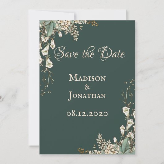Elegant Green Floral Script Wedding Save The Date (Vorderseite)