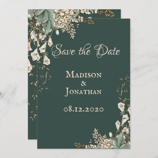 Elegant Green Floral Script Wedding Save The Date (Vorne/Hinten)