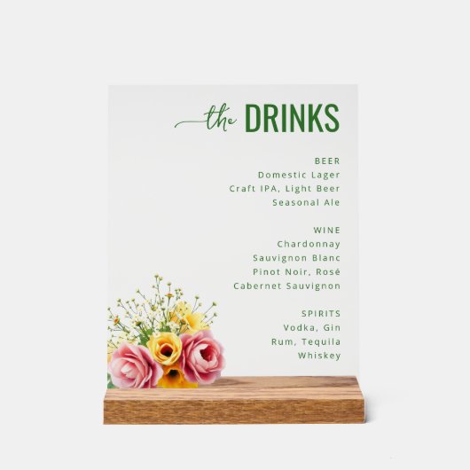 Elegant Green Floral Wedding Menu Acrylschild (Vorderseite)