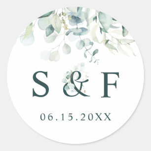 Elegant Green Foliage Wedding Monogram Runder Aufkleber