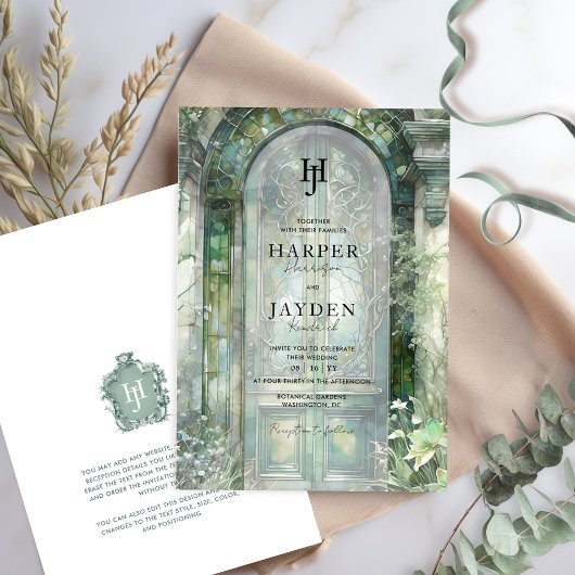 Elegant Green Garden Watercolor Wedding Monogram Einladung
