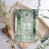 Elegant Green Garden Watercolor Wedding Monogram Einladung