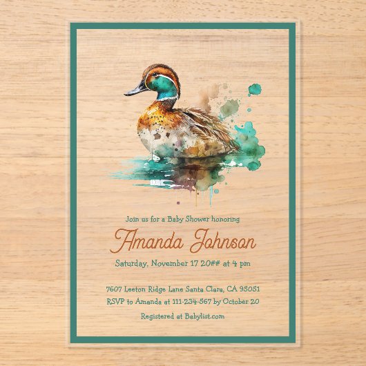 Elegant Green Gerahmt Mallard Duck Baby Shower Acryleinladungen (Vorderseite)