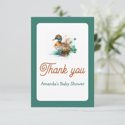 Elegant Green Gerahmt Mallard Duck Baby Shower Dankeskarte (Stehend Vorderseite)