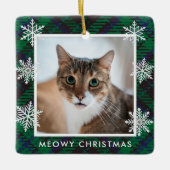 Elegant Green Gingham Cat Foto Meowy Weihnachten Keramikornament (Vorderseite)