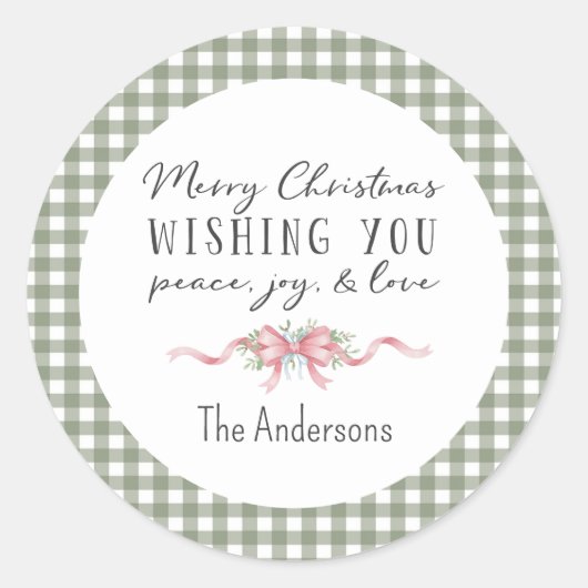 Elegant Green Gingham Plaid Preppy Christmas Runder Aufkleber (Vorderseite)