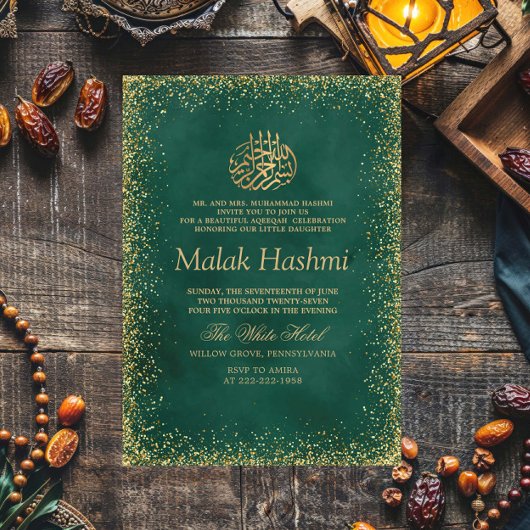 Elegant Green Gliter Baby Islamic Aqiqa Einladung