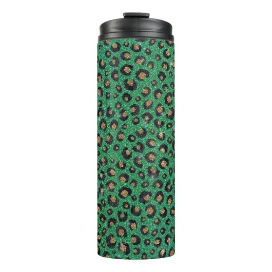 Elegant Green Glitter Black Gold Leopard Thermosbecher (Vorderseite)