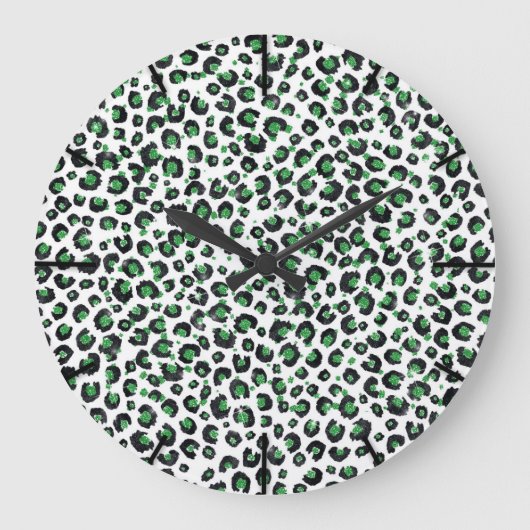 Elegant Green Glitter Black Leopard Animal Print Große Wanduhr (Vorderseite)