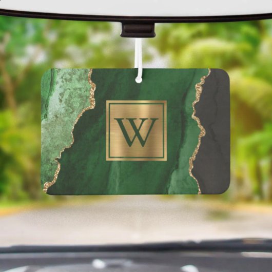 Elegant Green Gold Agate Monogram Autolufterfrischer