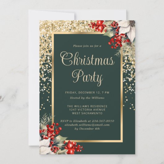 Elegant Green Gold Botanical Christmas Party Einladung (Vorderseite)