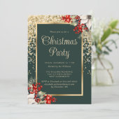 Elegant Green Gold Botanical Christmas Party Einladung (Stehend Vorderseite)