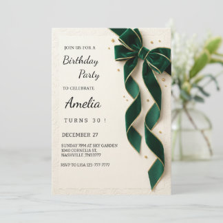 Elegant Green gold Bow Birthday Party Einladung