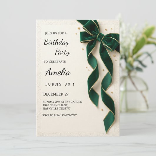 Elegant Green gold Bow Birthday Party Einladung (Stehend Vorderseite)