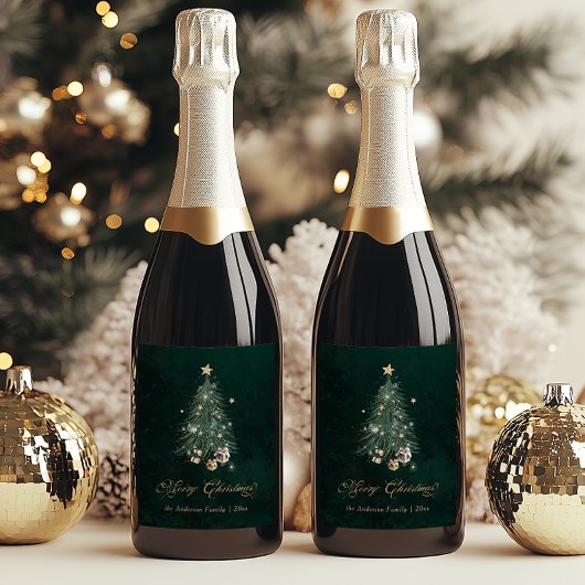 Elegant Green Gold Christmas Tree Weinetikett