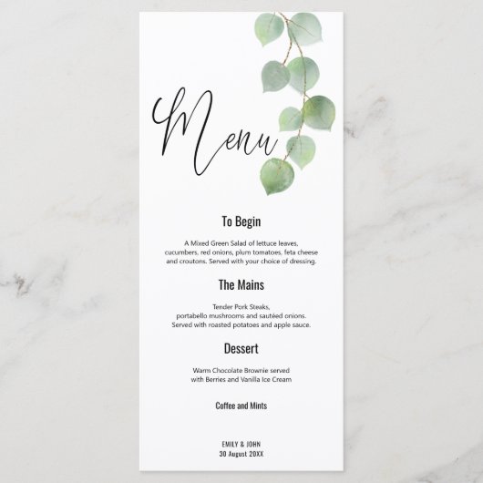 Elegant Green Gold Eucalyptus Leaf Script Hochzeit Menükarte (Vorderseite)