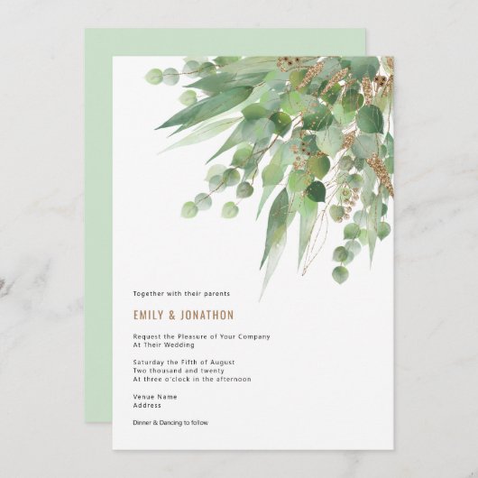 Elegant Green Gold Eucalyptus Leaf Wedding Einladung (Vorne/Hinten)