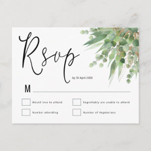 Elegant Green Gold Eucalyptus Script Wedding RSVP Postkarte