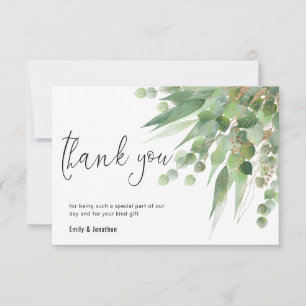 Elegant Green Gold Eucalyptus Verlasse Skript-Foto Dankeskarte