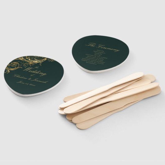 Elegant Green Gold Floral Damask Script Hochzeit Fächer (Non-assembled)