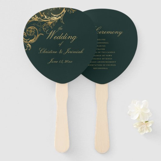 Elegant Green Gold Floral Damask Script Hochzeit Fächer (Vorne und Hinten)