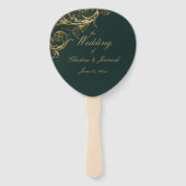 Elegant Green Gold Floral Damask Script Hochzeit Fächer (Vorderseite)