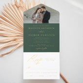 Elegant Green Gold Foil Calligraphy Photo Wedding All-in-One-Einladung
