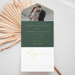 Elegant Green Gold Foil Calligraphy Photo Wedding All-in-One-Einladung