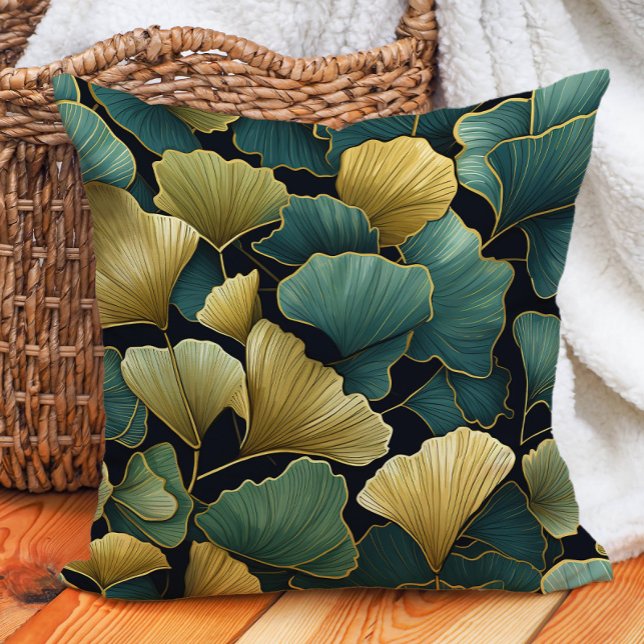 Elegant Green Gold Ginko Blätter Black Kissen (Elegant green and gold ginko on black decorator pillow)