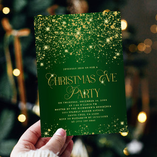Elegant Green Gold Glitter Christmas Eve Party Einladung