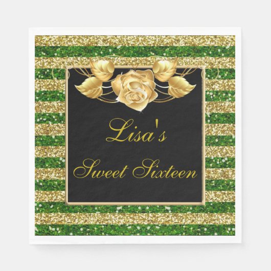Elegant Green Gold Glitzer Gold Rose Sweet 16 Serviette (Vorderseite)