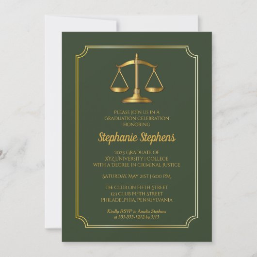 Elegant Green | Gold Law Attorney Graduation Party Einladung (Vorderseite)