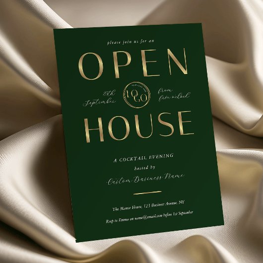 Elegant Green & Gold Logo Business Open House Einladung