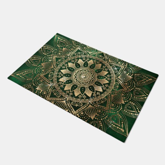 Elegant Green Gold Mandala Fußmatte (Schrägansicht)