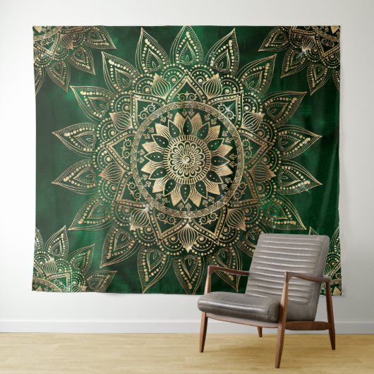 Elegant Green Gold Mandala Wandteppich (Beispiel (Horizontal))