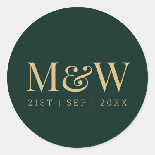 Elegant Green Gold Monogram Wedding Classic Round Runder Aufkleber (Vorderseite)
