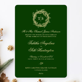 Elegant Green Gold Monogram Wedding Folieneinladung