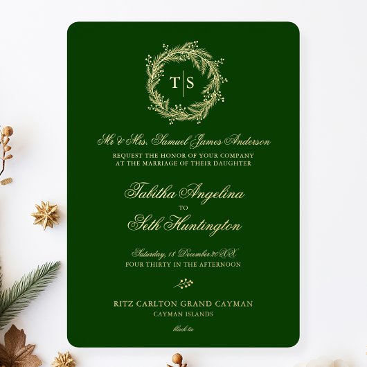 Elegant Green Gold Monogram Wedding Folieneinladung