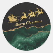 Elegant Green Gold Santa Sleigh Merry Christmas Runder Aufkleber (Vorderseite)