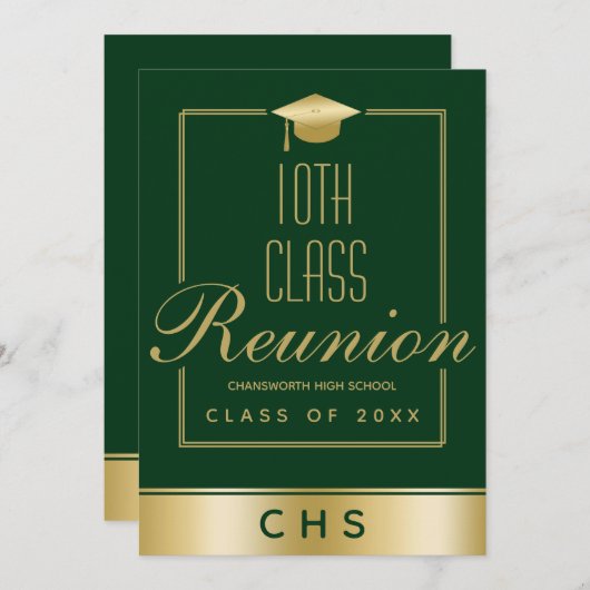 Elegant Green Gold Script 10th Class Wiedersehen Einladung (Vorne/Hinten)