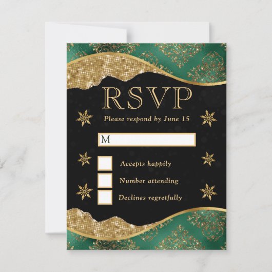 Elegant Green & Gold Snowflake Wedding RSVP Karte (Vorderseite)